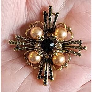 Beautiful Cross and Hearts Brooch Purple and Beige Faux Pearl Jewel Crystals